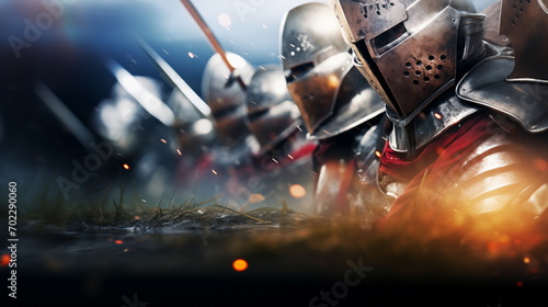 Medieval battle of knights warriors for castle. Fierce battle on battlefield, knights with swords are fighting the enemy. Decisive battle