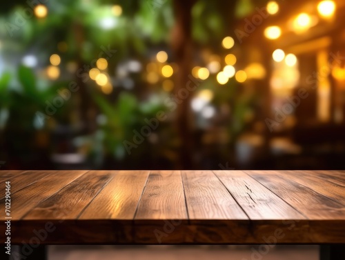 Empty wooden board on table in front of blurred background. Brown wood perspective for display of product.