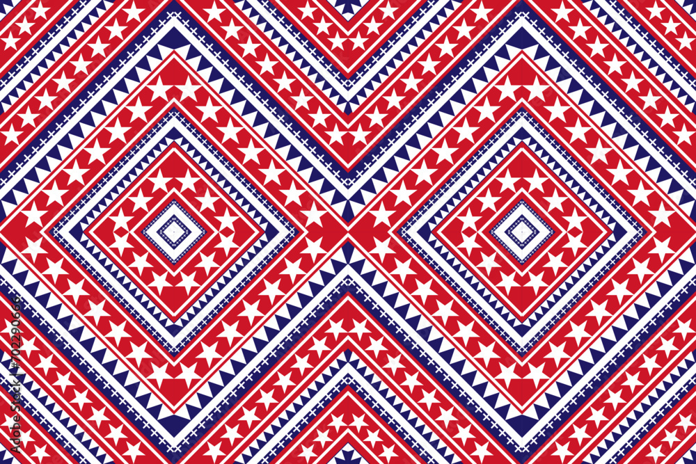 american pattern Geometric stars, squares, triangles arranged together. White, red, blue, seamless continuous pattern design for textiles, prints, carpets, wallpaper, blankets, pillows
