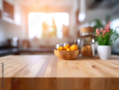 Wooden texture table top on blurred kitchen window background. Studio photo for product display or design key visual layout. For showcase or montage your items (or foods). Mock up. 