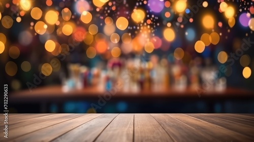 festive blurred background with bokeh and empty wooden table in the foreground