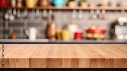 Empty wooden tabletop, counter, desk background over blur perspective kitchen background, wood table worktop for product placement, blurred kitchen, product display mockup © Boris