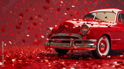 red retro car with hearts on a red background. card for valentine's day