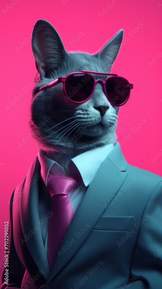 A cat in a suit and sunglasses on a pink background A cat in a suit and sunglasses on a pink background