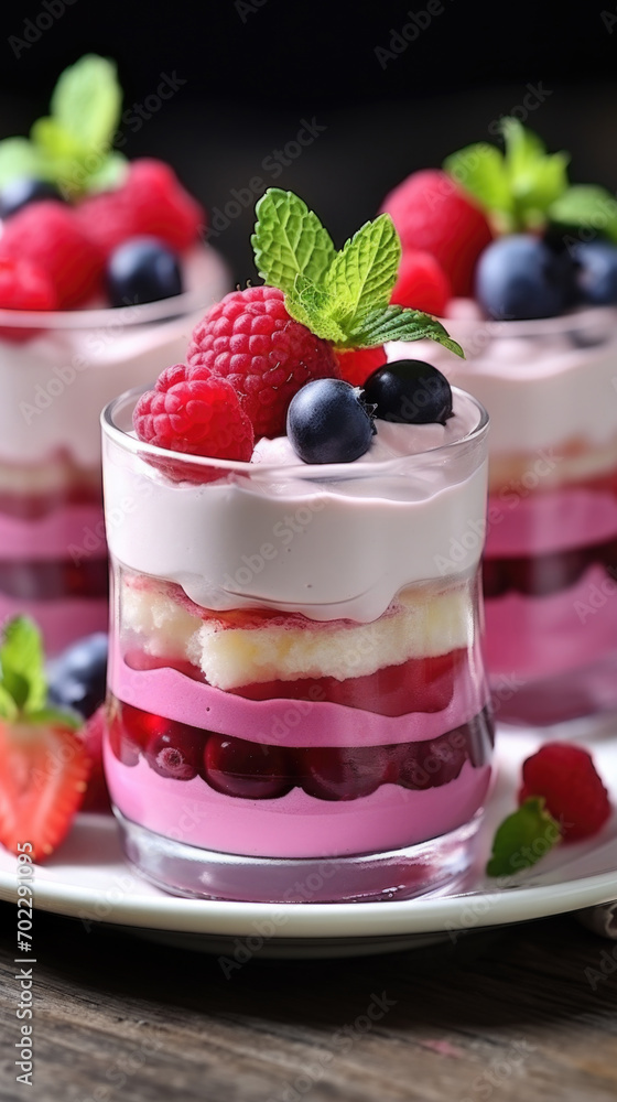 Three desserts on a plate with berries and mint leaves. Valentine's day desserts. Three desserts on a plate with berries and mint leaves. Valentine's day desserts.