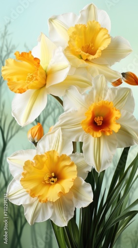 A bunch of white and yellow flowers in a vase. White and orange spring daffodil flowers, springtime digital wallpaper.