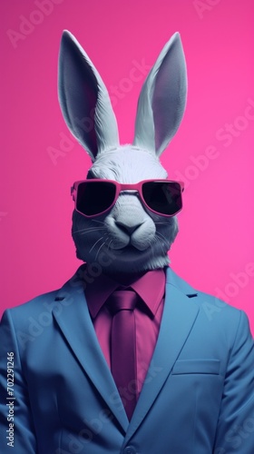 A rabbit in a suit and sunglasses on a pink background © Maria Starus