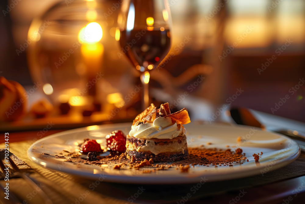Wine and dessert pairing, an enticing scene featuring a decadent dessert paired with a glass of wine, creating a harmonious and indulgent image, with copy space.