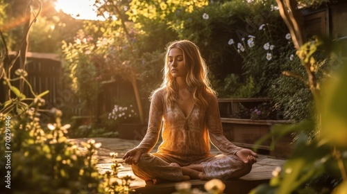 A woman in lotus pose in the garden, practicing yoga meditation and mindfulness exercises until wellness and awareness. Relaxation time