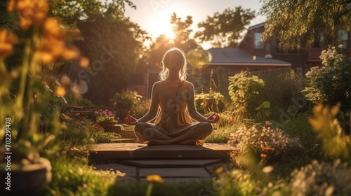 A woman in lotus pose in the garden  practicing yoga meditation and mindfulness exercises until wellness and awareness. Relaxation time