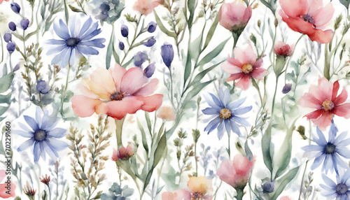 Cute feminine watercolor seamless pattern with wildflowers. © Mr Ali