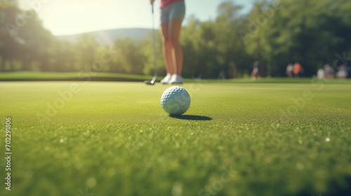 Close-up shot Golf player hitting ball on green course. AI Generative.
