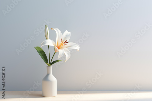 White lilies in a vase placed against a white wall in a simple, minimal style.