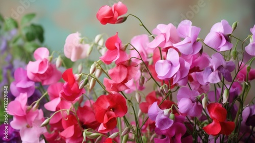 A bunch of pink and purple flowers in a vase. Spring flowers, sweet pea.