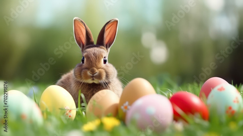 Easter Bunny Surrounded by Colorful Eggs