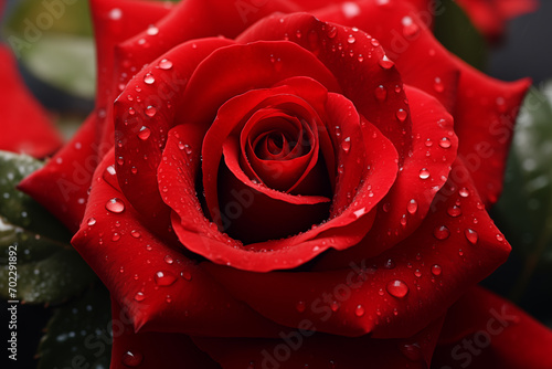 Close up of a red rose with water droplets blooming beautifully.