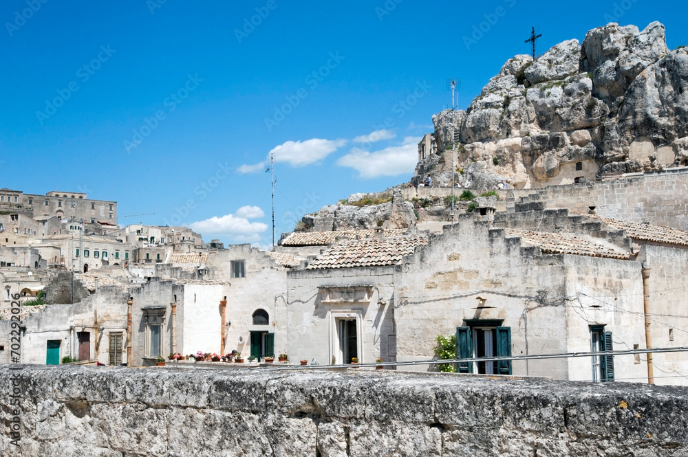Sassi of Matera with crag of Monterrone where the rocky church of Saint Mary de Idris is situated. Italy.