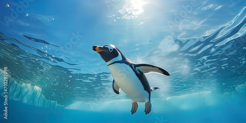 A penguin swimming in an aquarium with a blue sky photo