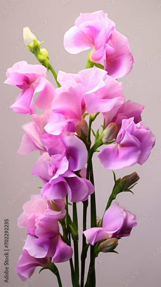 Obraz premium A vase filled with pink flowers on top of a table. Pink colored sweet pea flowers, spring flower