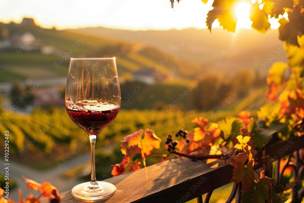 Wine and relaxation, a serene scene featuring a person enjoying a glass of wine on a balcony or terrace overlooking a vineyard or scenic landscape.