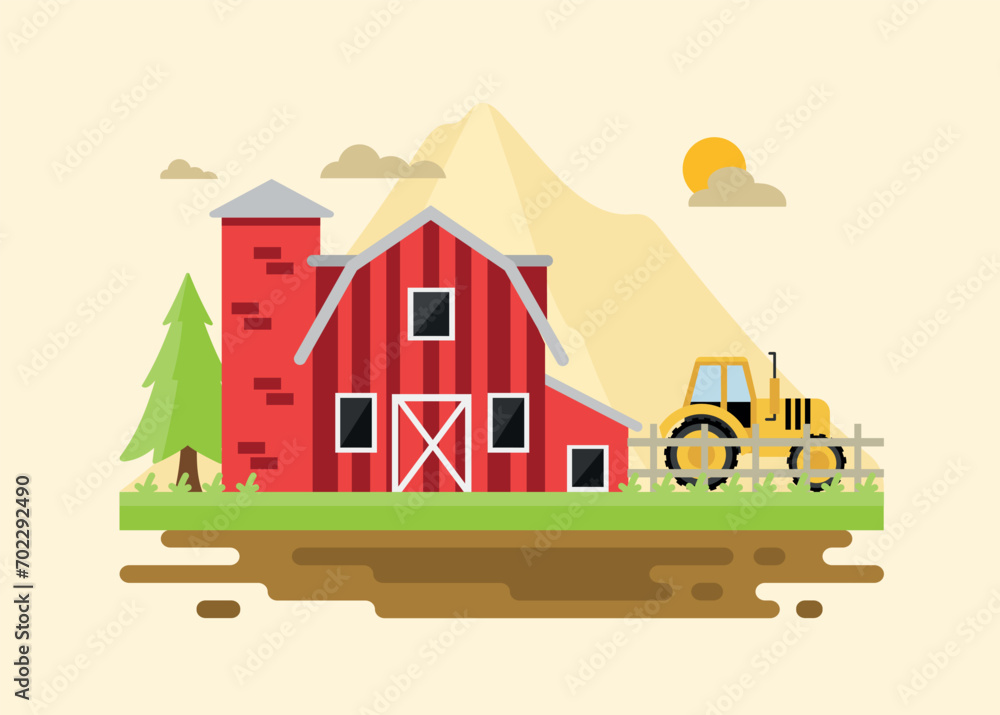 Flat farm landscape with farmhouse. Farming agriculture concepts. Vector stock
