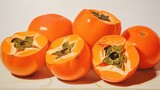 persimmon slices on a white canvas, capturing the warm orange and smooth texture of this sweet and flavorful fruit.
