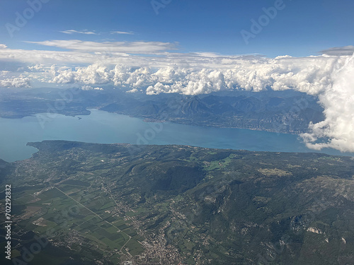 Aerial view of clouds in the blue sky over the mountain range