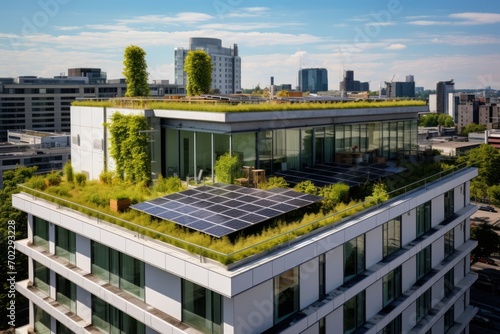 Modern urban dwelling with a green roof, eco-friendly apartment building with rooftop gardens and solar panels.