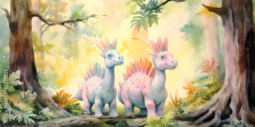 Colorful 3D dinosaurs on white background in a row. Watercolor dinosaurs for crafts, scrapbooking or art projects