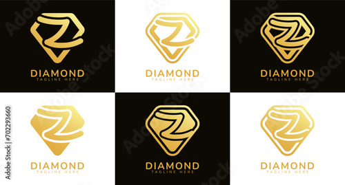 Set of diamond logos with initial letter Z. These logos combine letters and rounded diamond shapes using gold gradation colors. Suitable for diamond shops, e-commerce