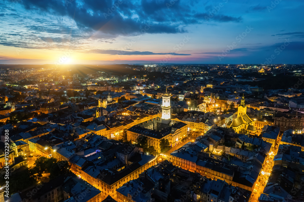 panoramic view on sunset above old european city.