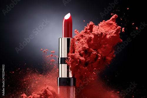 Red lipstick with powerful explosion of red dust on dark background photo