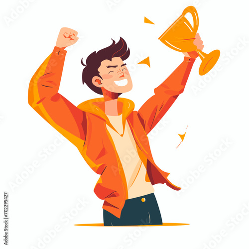 Happy guy holding golden winner cup, vector in minimalism