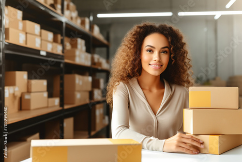 Startup small business, Businesswoman running an e-commerce small business. Female entrepreneur preparing orders for shipping at the home office, packaging box, ai generative