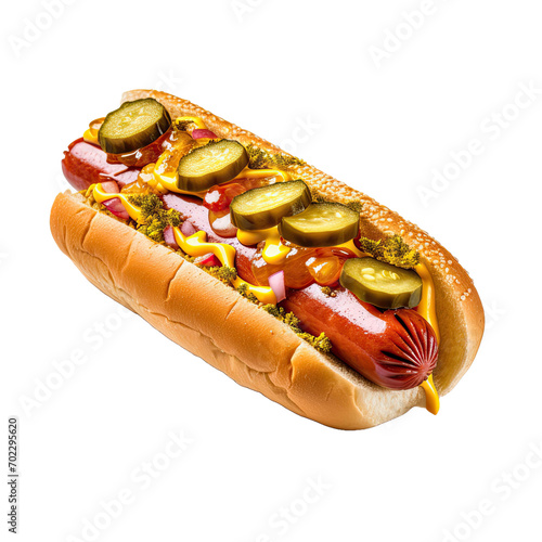 A delicious hot dog with mustard, ketchup and pickles, isolated