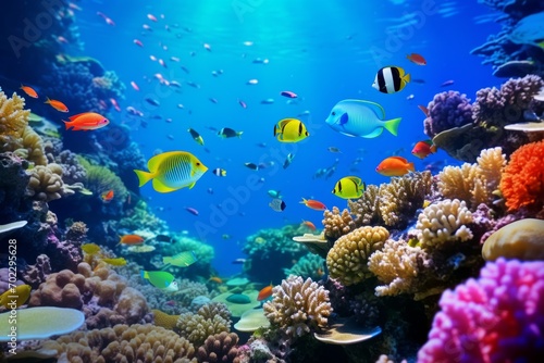 Colorful coral reefs  exotic sea life and merfolk in a tropical undersea world.