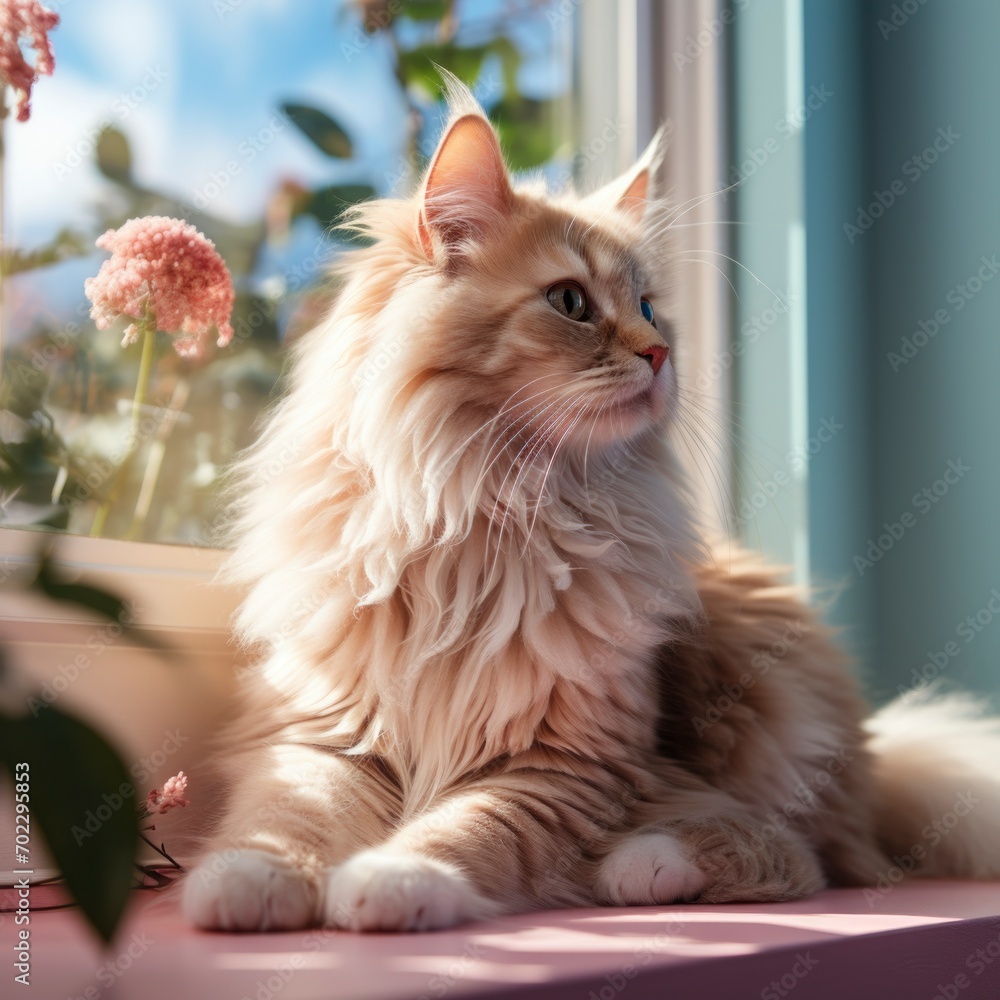  cute cat on windowsill . Cozy moments with pets. Close up, copy space. square