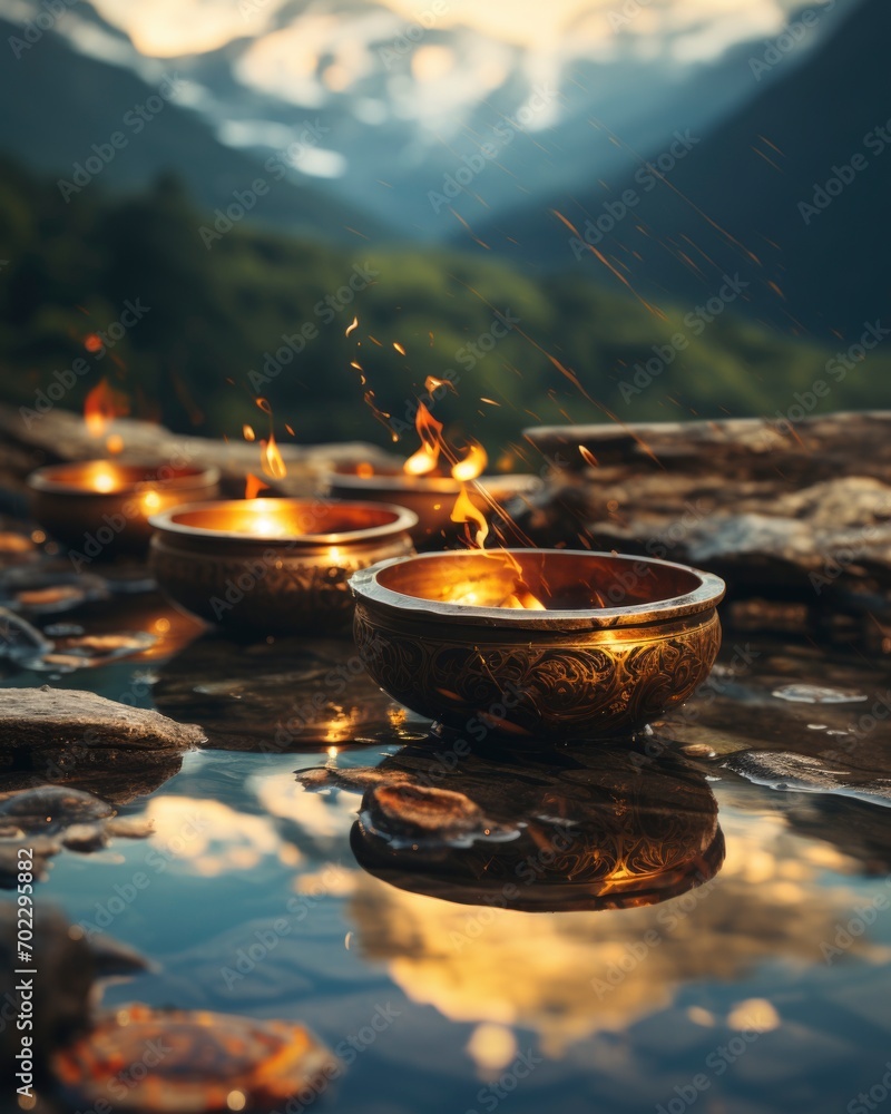 Sound healing concept. Singing bowls on blurred background. mental ...