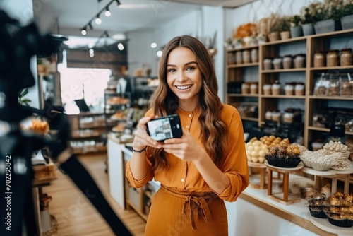 Young woman live streaming for sale fashion clothing to customer and present detail on social media, girl selling fashionable clothes on live streaming at happy and smile atmosphere. ai generative 