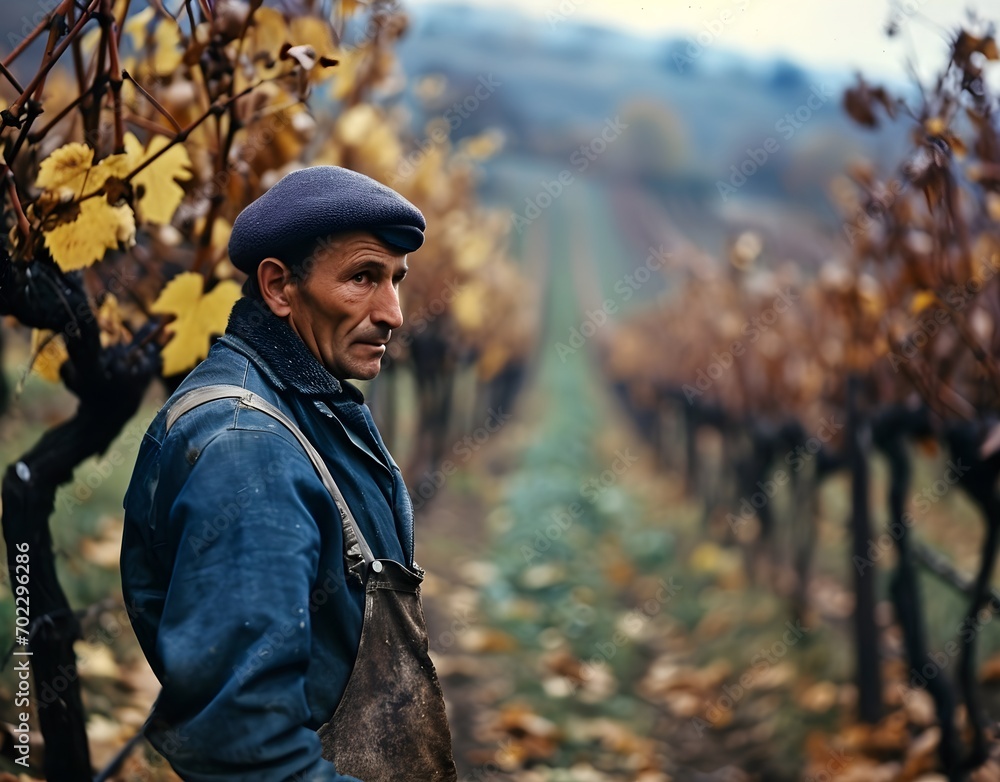 Vineyards, portrait of old winemaker next to the vines, Vintage photo, imitation of an old photo film, concept of winemaking in France, Spain, photo filter