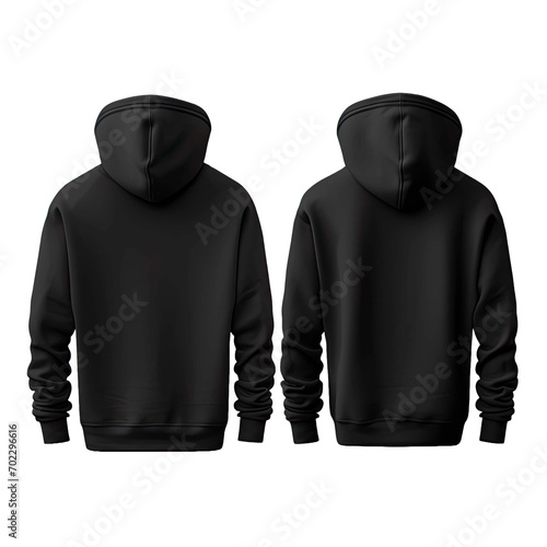 Blank black hoodie in front and back view, mockup, white background.
