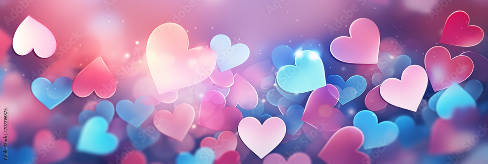 Valentine's Day banner. Beautiful background with hearts, lights, sparkles and bokeh header.