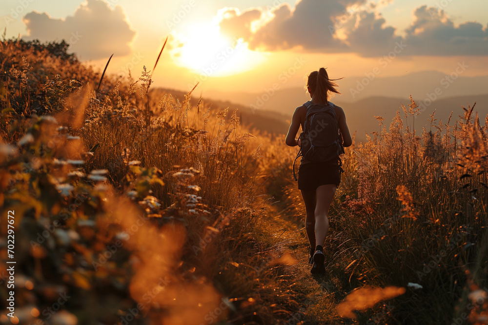 Fototapeta premium Silhouette of a woman running on a meadow when sunset.