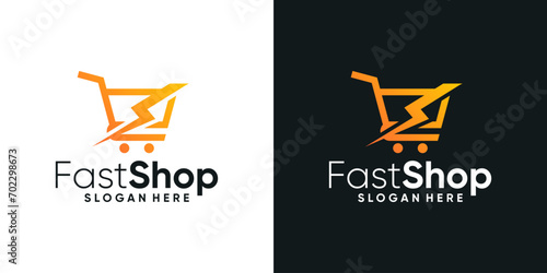 Fast shopping logo design template. Shopping cart logo with lightning bolt graphic design vector. Symbol, icon, creative.