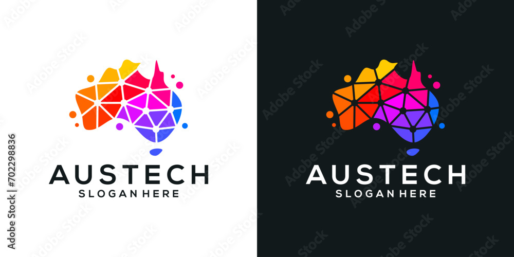 Map of australia logo design template with abstract dot, molecule and network Internet system logo design graphic vector. Symbol, icon, creative. - obrazy, fototapety, plakaty 