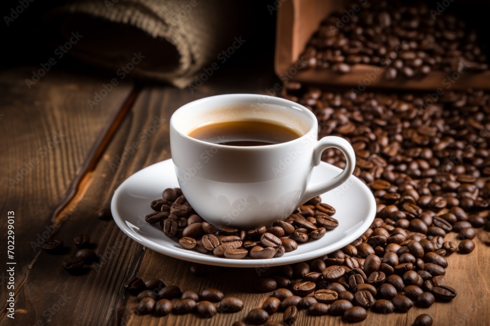 cup coffee heap beans wooden table