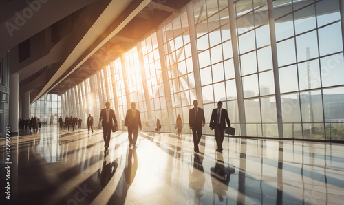 Business people walking in the modern corridor office building and sun light