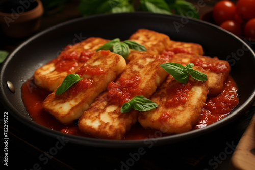 Fried halloumi cheese with tomato sauce