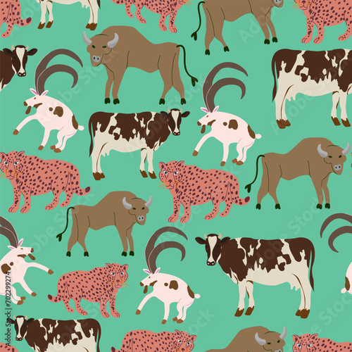 seamless pattern with different animals in flat style. Template for design, print, background, packaging, book, wrapping paper, fabric. © Anna