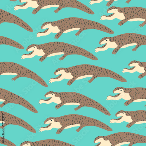 seamless pattern with pangolin in vector. wild animal in flat style. Template for design, print, background, packaging, book, wrapping paper, fabric.